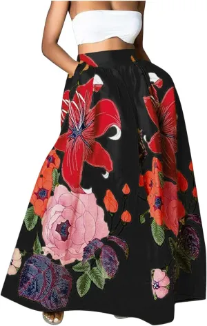 Long Skirts for Women Elastic High Waist Boho Skirt Vintage Floral Print A Line Ankle Length Maxi Skirts with Pockets
