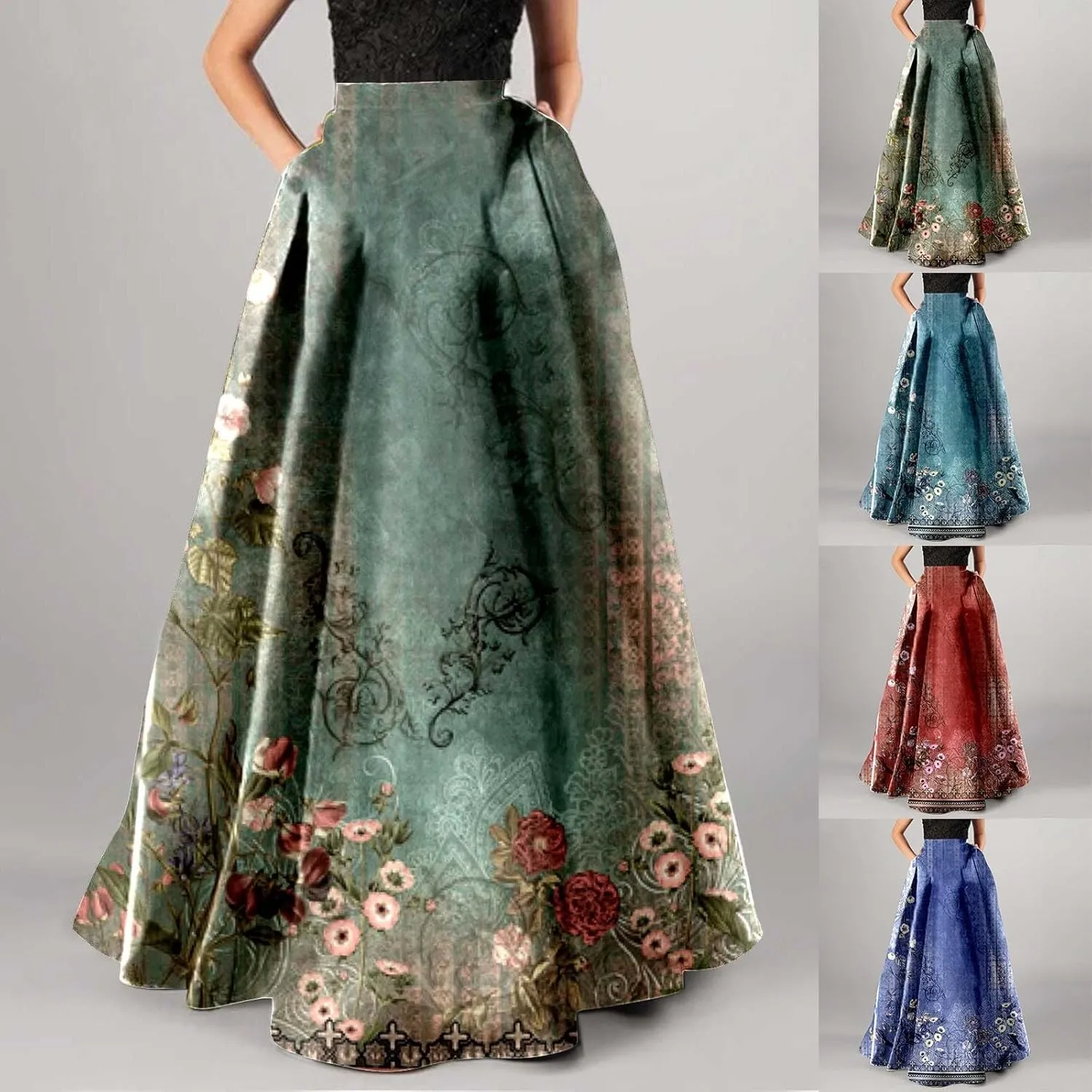 Long Skirts for Women Elastic High Waist Boho Skirt Vintage Floral Print A Line Ankle Length Maxi Skirts with Pockets