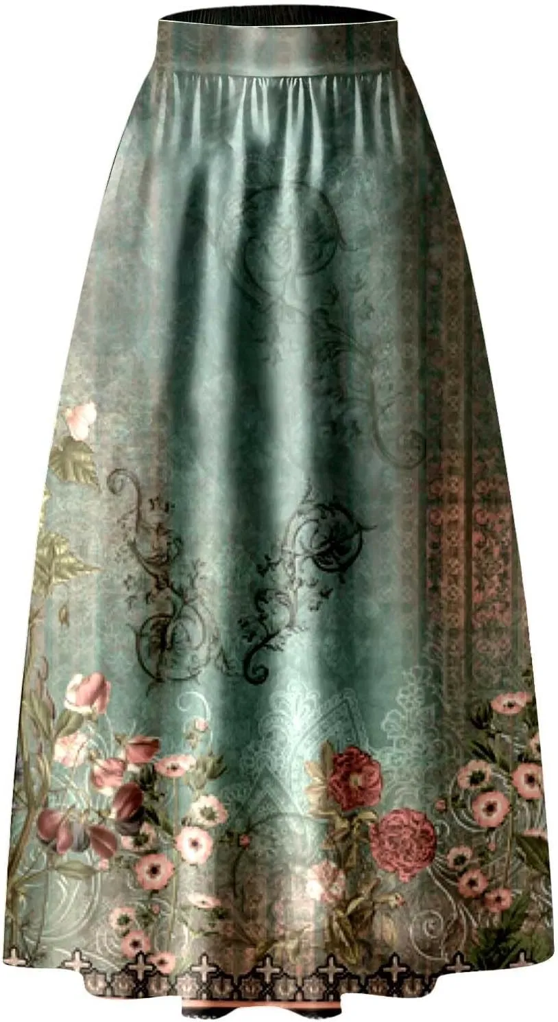 Long Skirts for Women Elastic High Waist Boho Skirt Vintage Floral Print A Line Ankle Length Maxi Skirts with Pockets