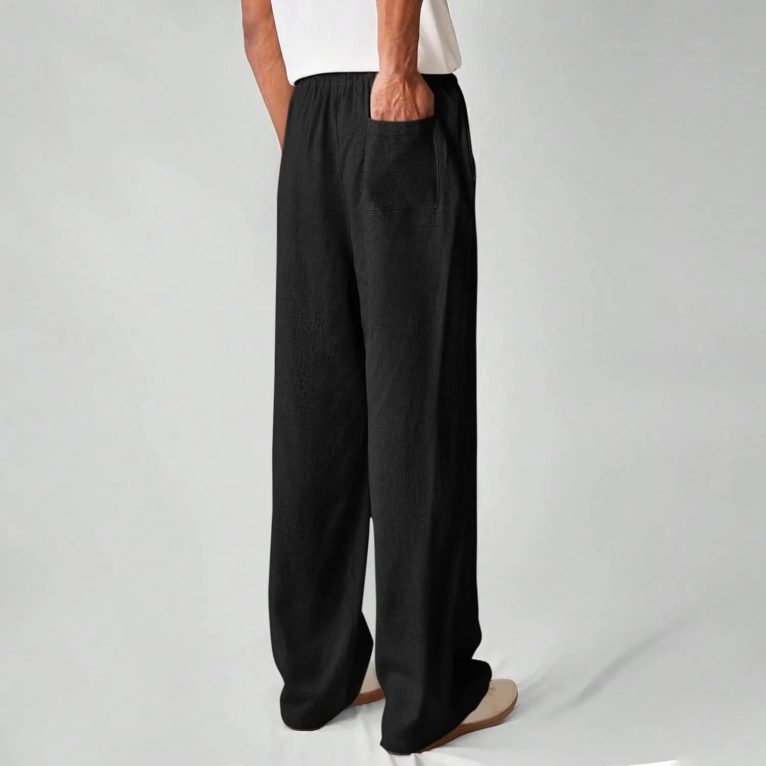 Mens Baggy Drawstring Linen Pants Lightweight Elastic Waist Yoga Beach Cotton Trousers Casual Wide Leg Straight Pants