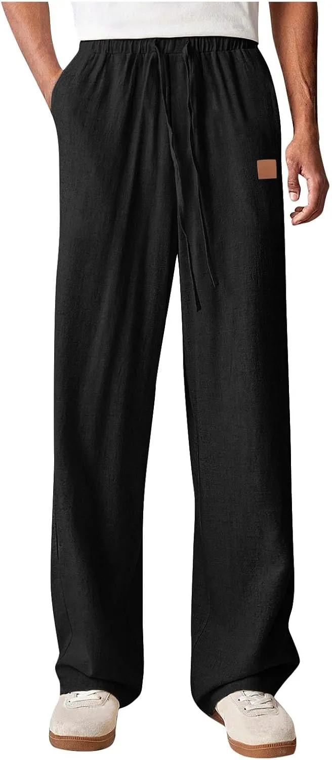 Mens Baggy Drawstring Linen Pants Lightweight Elastic Waist Yoga Beach Cotton Trousers Casual Wide Leg Straight Pants