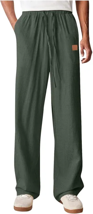 Mens Baggy Drawstring Linen Pants Lightweight Elastic Waist Yoga Beach Cotton Trousers Casual Wide Leg Straight Pants