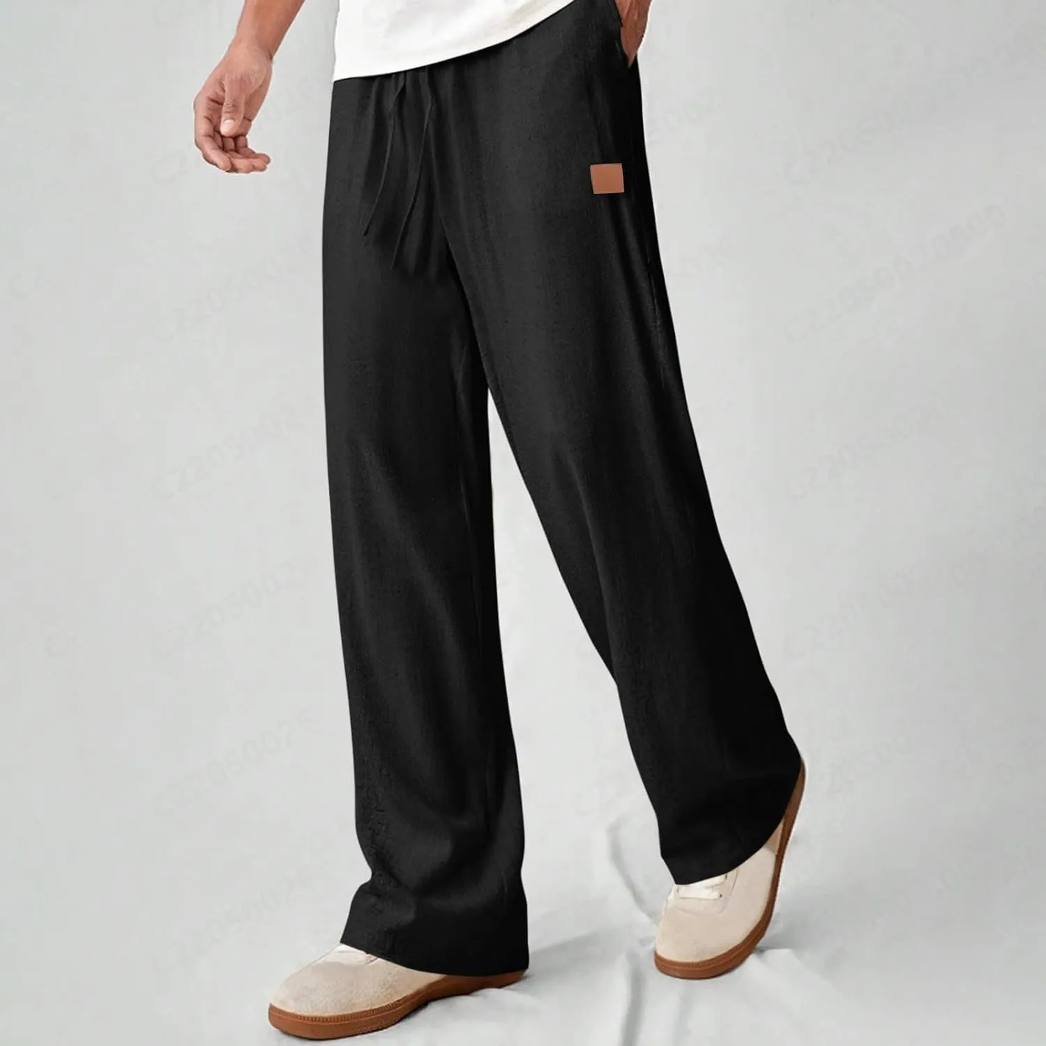Mens Baggy Drawstring Linen Pants Lightweight Elastic Waist Yoga Beach Cotton Trousers Casual Wide Leg Straight Pants