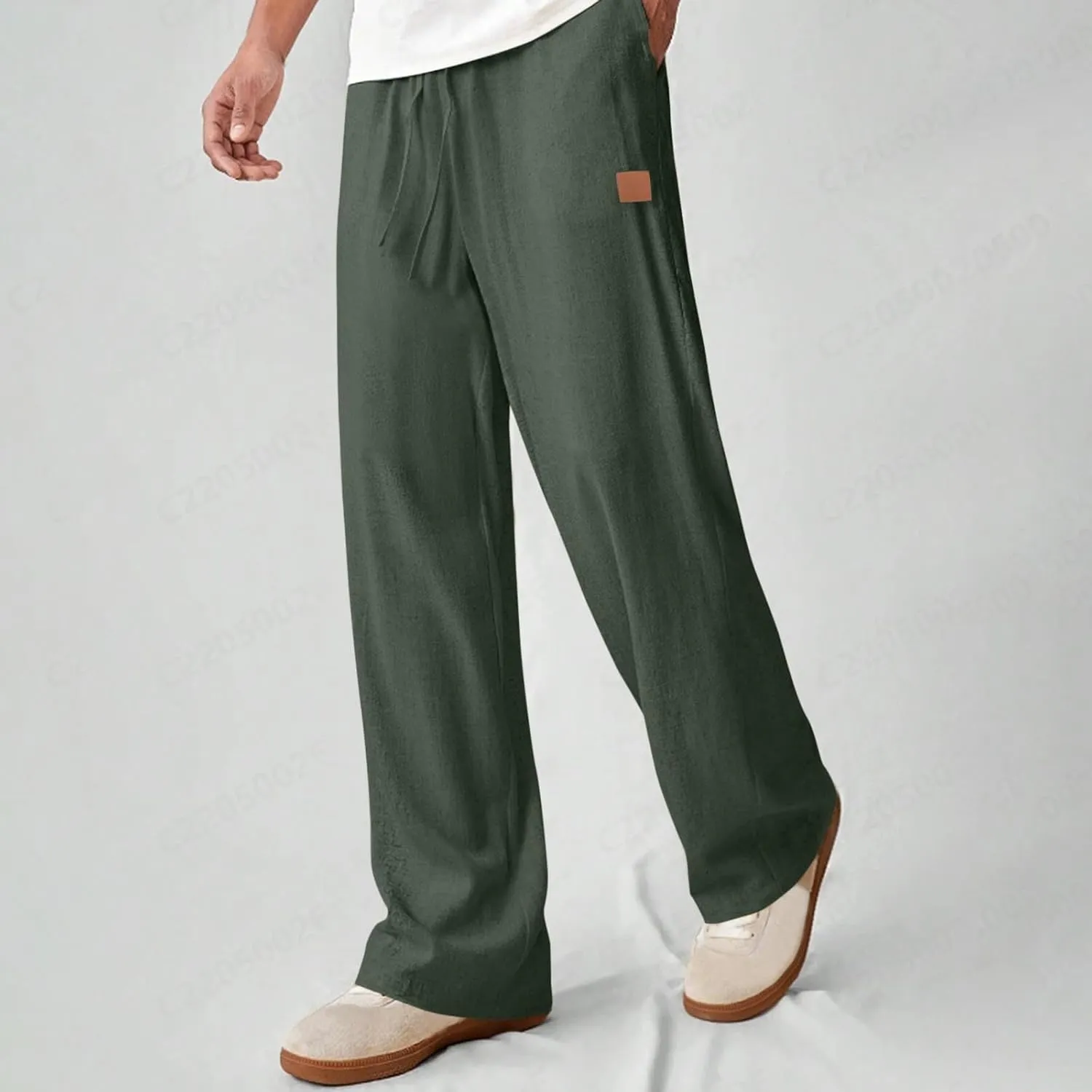 Mens Baggy Drawstring Linen Pants Lightweight Elastic Waist Yoga Beach Cotton Trousers Casual Wide Leg Straight Pants