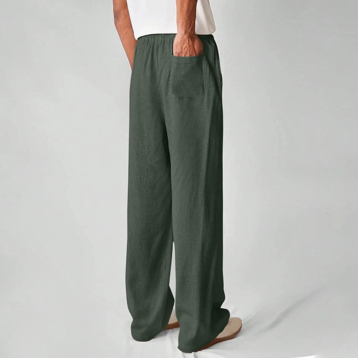 Mens Baggy Drawstring Linen Pants Lightweight Elastic Waist Yoga Beach Cotton Trousers Casual Wide Leg Straight Pants