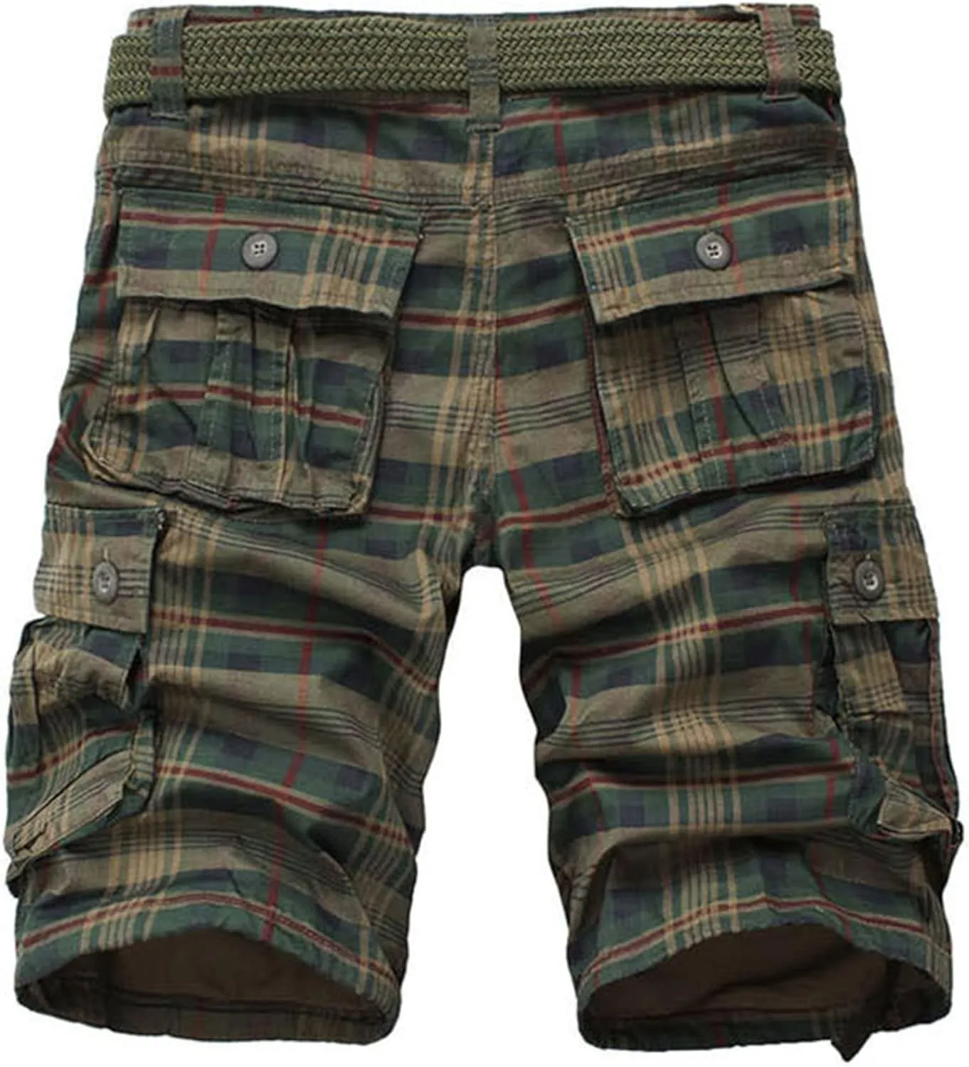 Men's Belt Plaid Cotton Cargo Shorts Side-Pockets Summer Casual Twill Shorts Relaxed Fit Outdoor Hiking Shorts