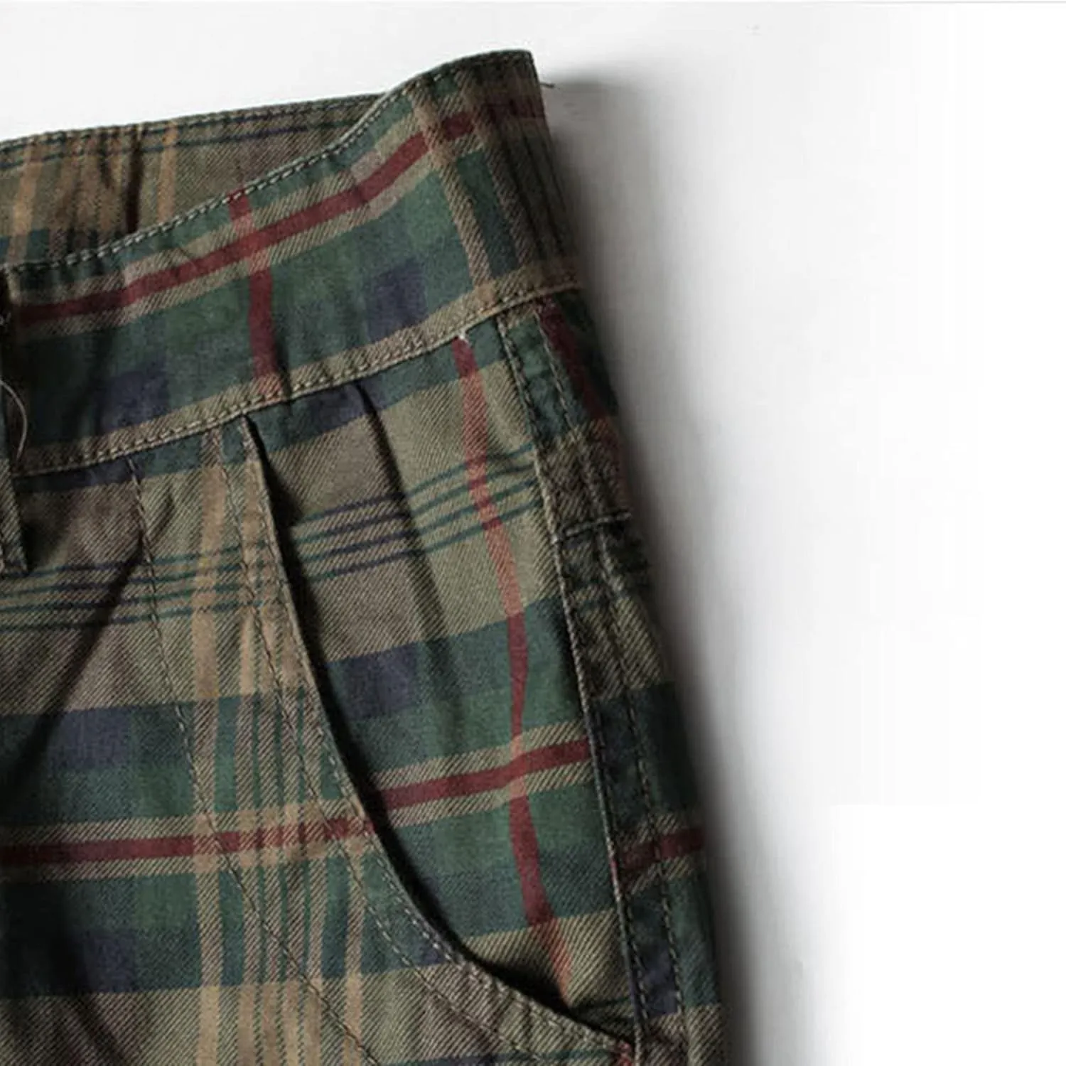 Men's Belt Plaid Cotton Cargo Shorts Side-Pockets Summer Casual Twill Shorts Relaxed Fit Outdoor Hiking Shorts
