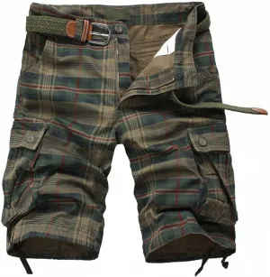 Men's Belt Plaid Cotton Cargo Shorts Side-Pockets Summer Casual Twill Shorts Relaxed Fit Outdoor Hiking Shorts