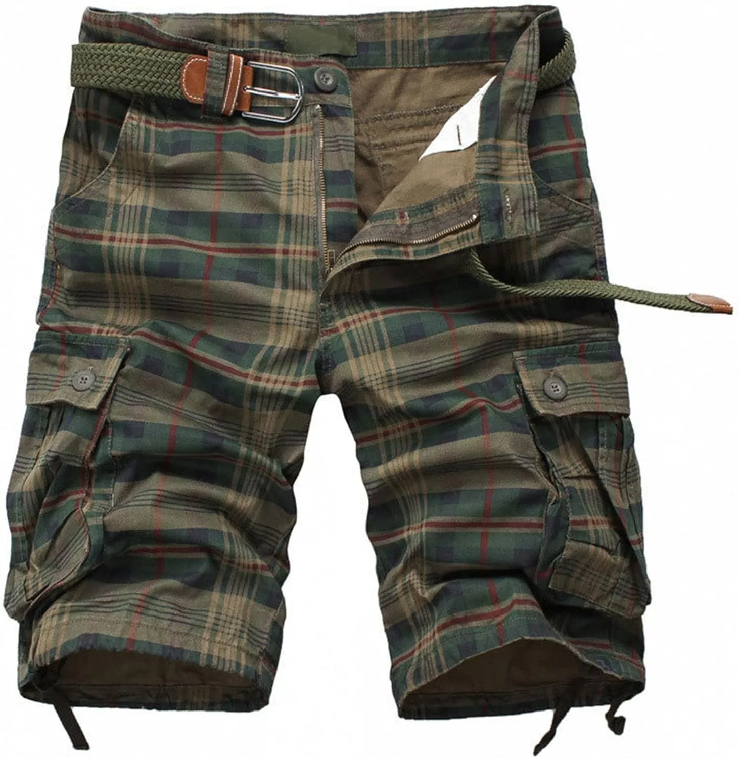 Men's Belt Plaid Cotton Cargo Shorts Side-Pockets Summer Casual Twill Shorts Relaxed Fit Outdoor Hiking Shorts