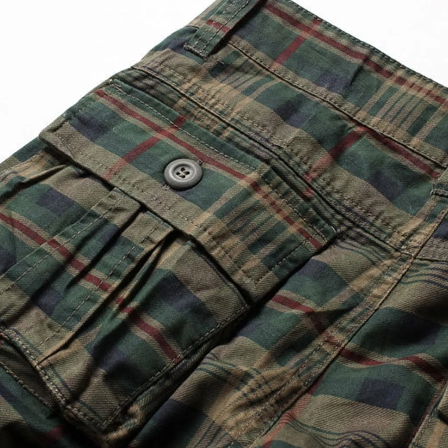 Men's Belt Plaid Cotton Cargo Shorts Side-Pockets Summer Casual Twill Shorts Relaxed Fit Outdoor Hiking Shorts