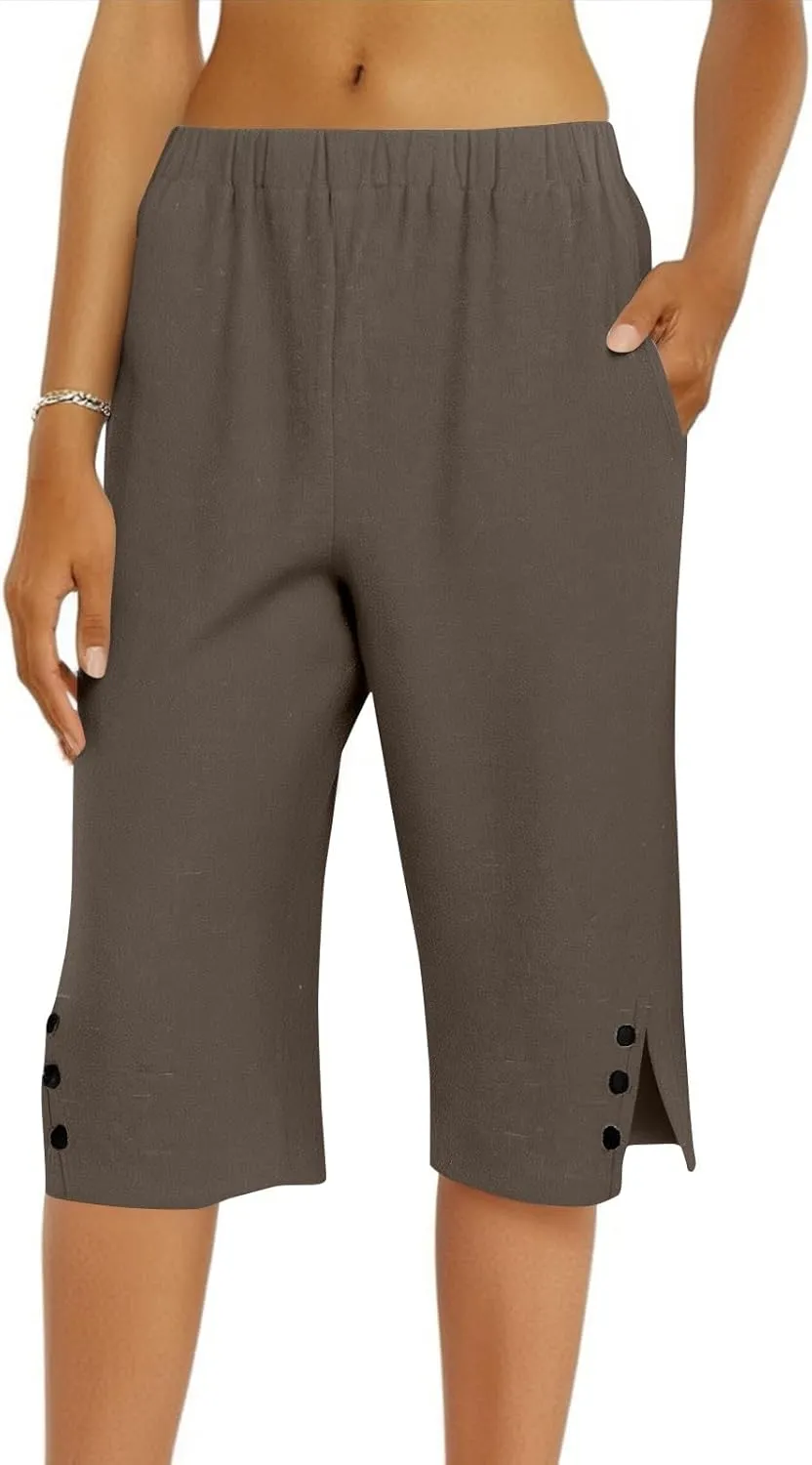 Pedal Pushers for Women 2025 Beach Vacation Wide Leg Capri Pants Loose Comfy High Waisted Short Pants with Pockets