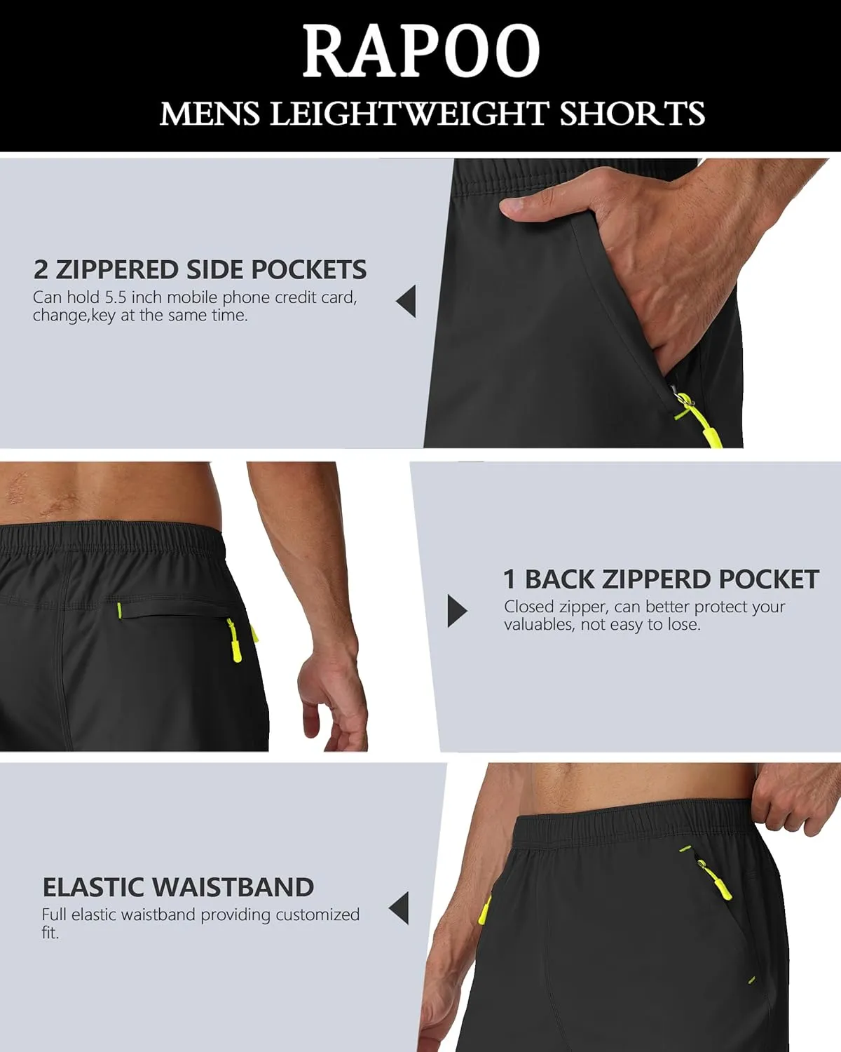 Rapoo Men's Athletic Shorts 7 Inch Inseam Water Resistant Lightweight Quick Dry Workout Shorts with Zipper Pockets