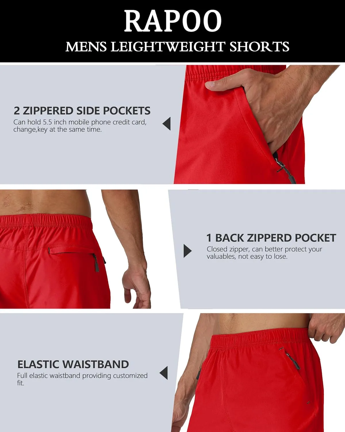 Rapoo Men's Athletic Shorts 7 Inch Inseam Water Resistant Lightweight Quick Dry Workout Shorts with Zipper Pockets