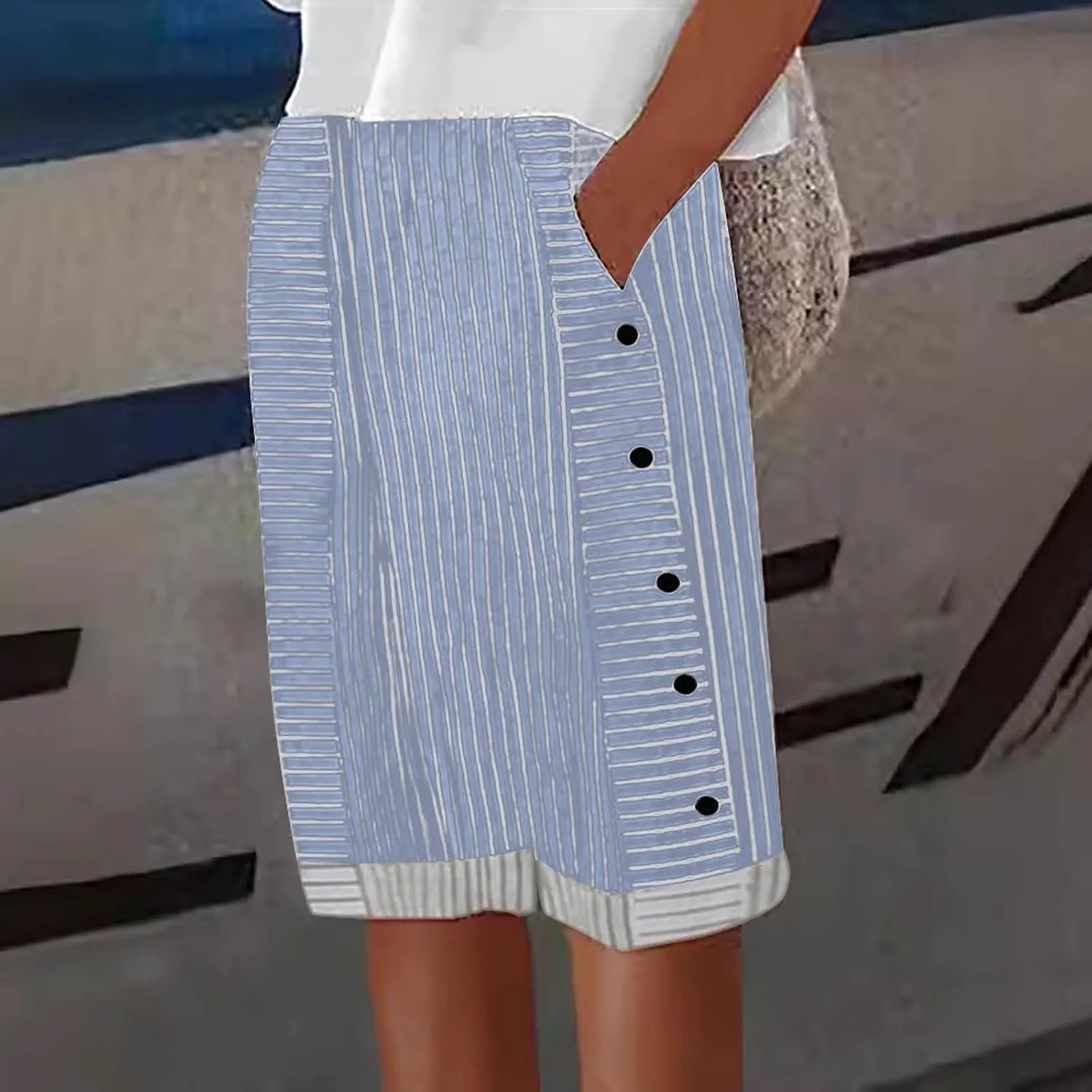 Striped Linen Pants for Women Casual Wide Straight Leg Side Button Capri Trousers High Waisted Bermuda Shorts Pocket