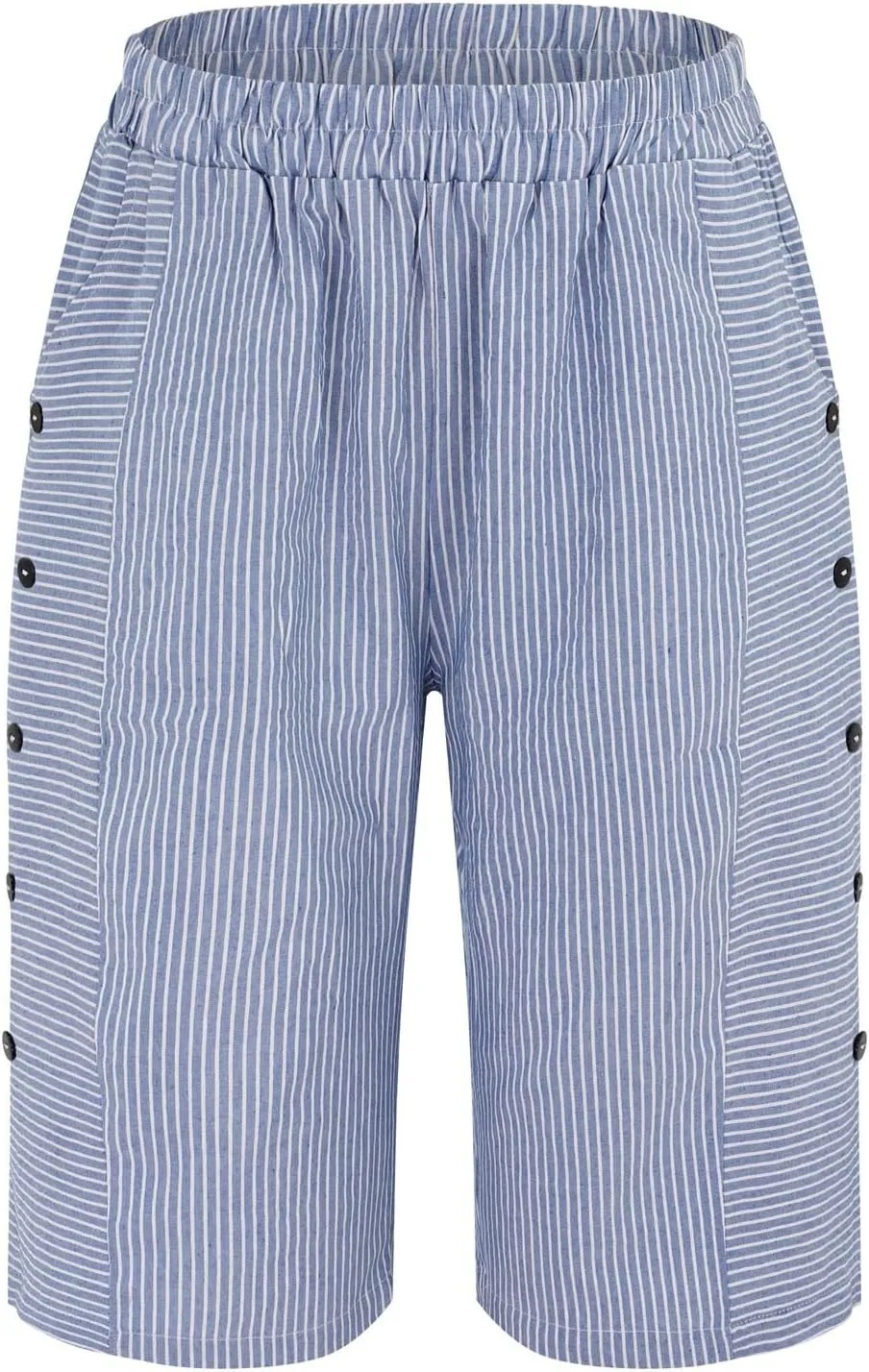Striped Linen Pants for Women Casual Wide Straight Leg Side Button Capri Trousers High Waisted Bermuda Shorts Pocket