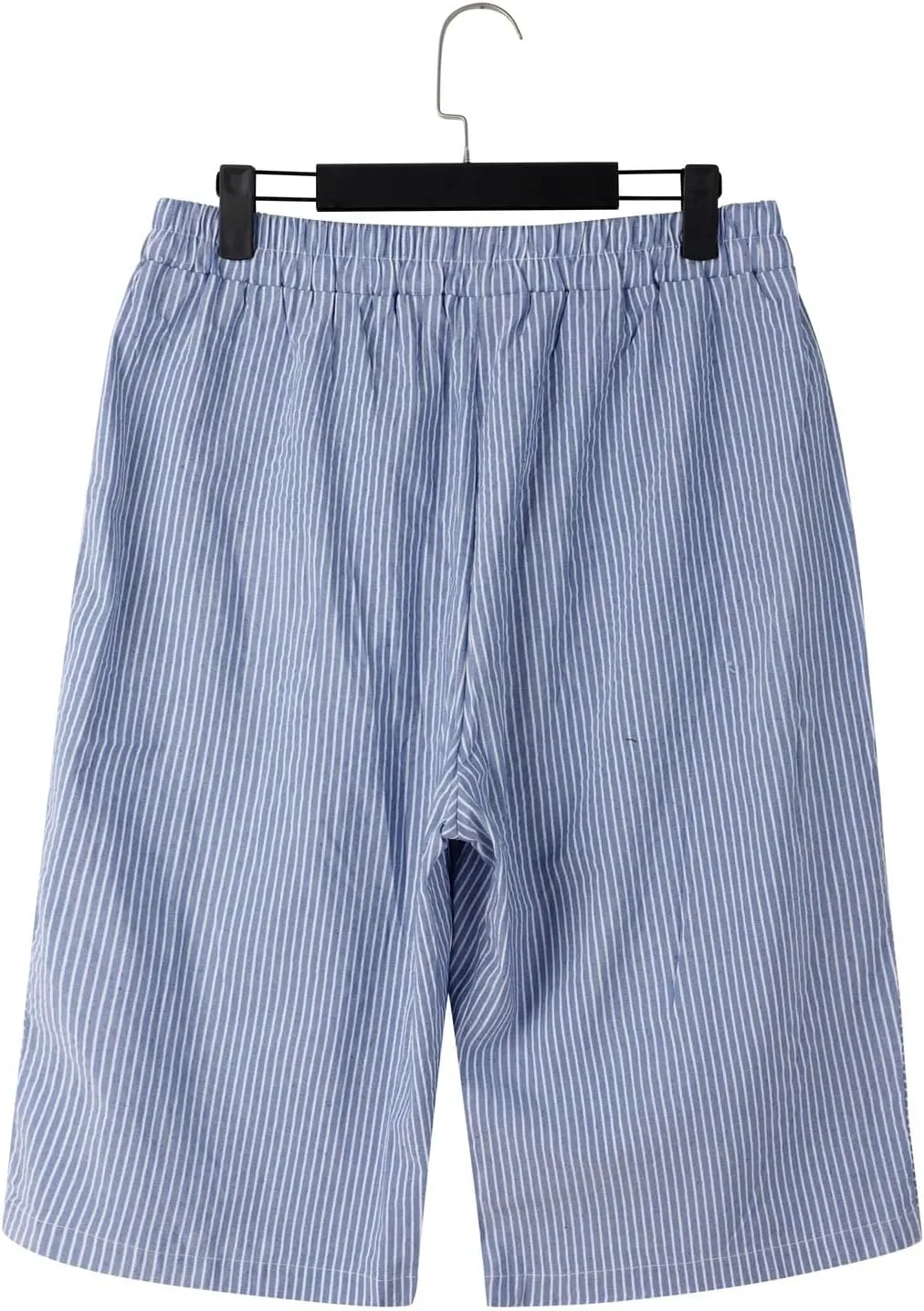 Striped Linen Pants for Women Casual Wide Straight Leg Side Button Capri Trousers High Waisted Bermuda Shorts Pocket