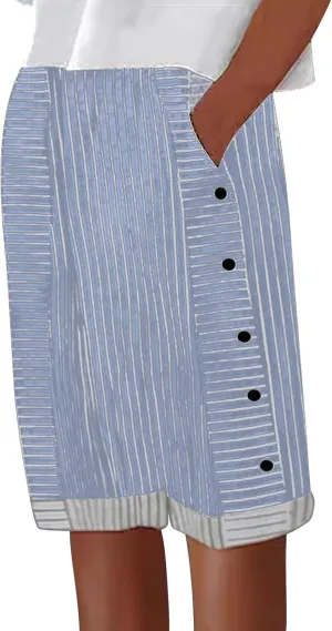 Striped Linen Pants for Women Casual Wide Straight Leg Side Button Capri Trousers High Waisted Bermuda Shorts Pocket