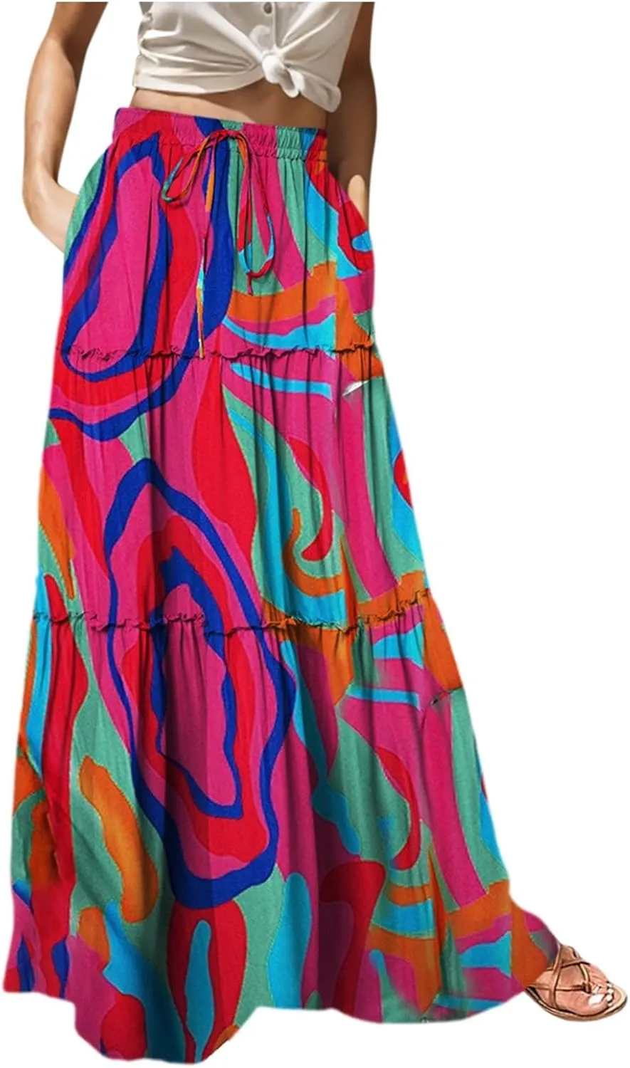 Summer Skirts for Women 2025 Vacation Trendy High Elastic Waist Bohemian Floral Print Loose Pleated Boha Maxi Skirts