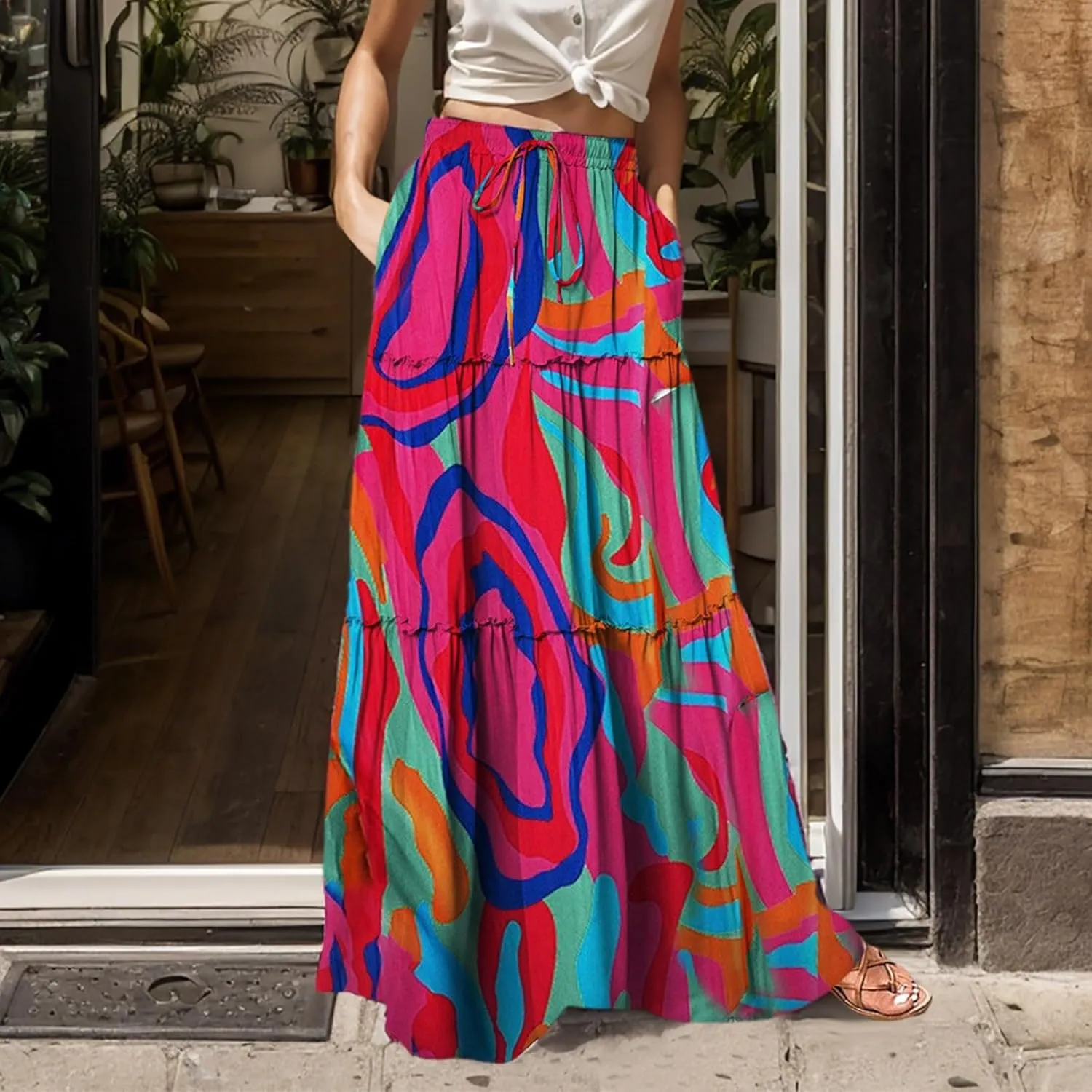 Summer Skirts for Women 2025 Vacation Trendy High Elastic Waist Bohemian Floral Print Loose Pleated Boha Maxi Skirts