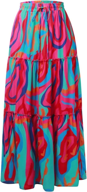 Summer Skirts for Women 2025 Vacation Trendy High Elastic Waist Bohemian Floral Print Loose Pleated Boha Maxi Skirts
