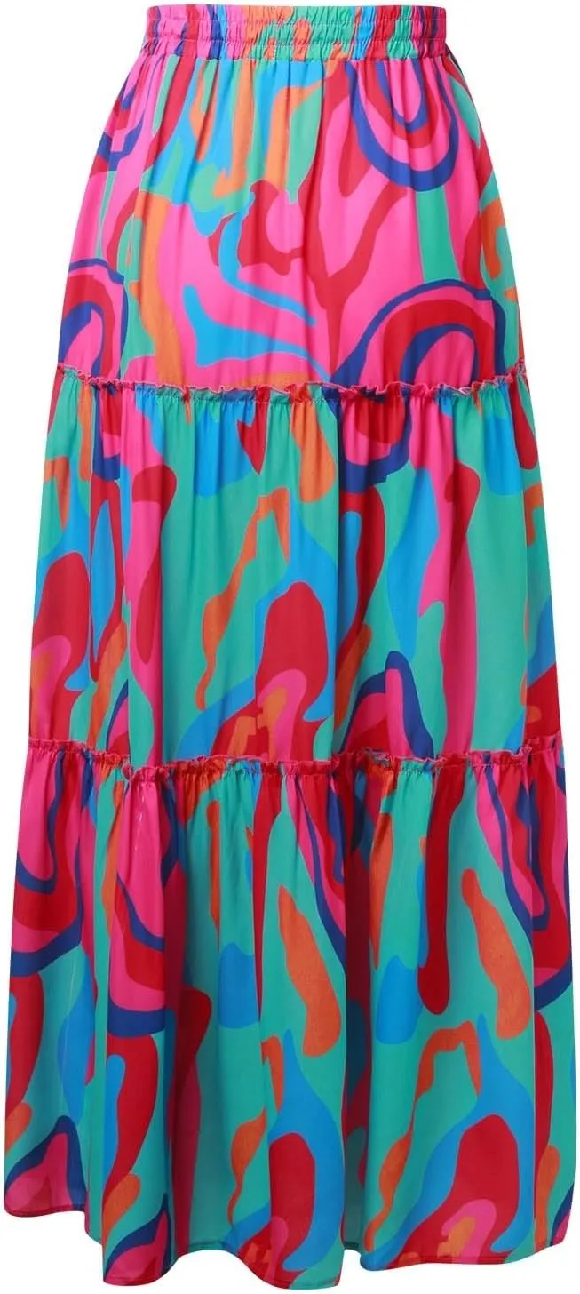 Summer Skirts for Women 2025 Vacation Trendy High Elastic Waist Bohemian Floral Print Loose Pleated Boha Maxi Skirts