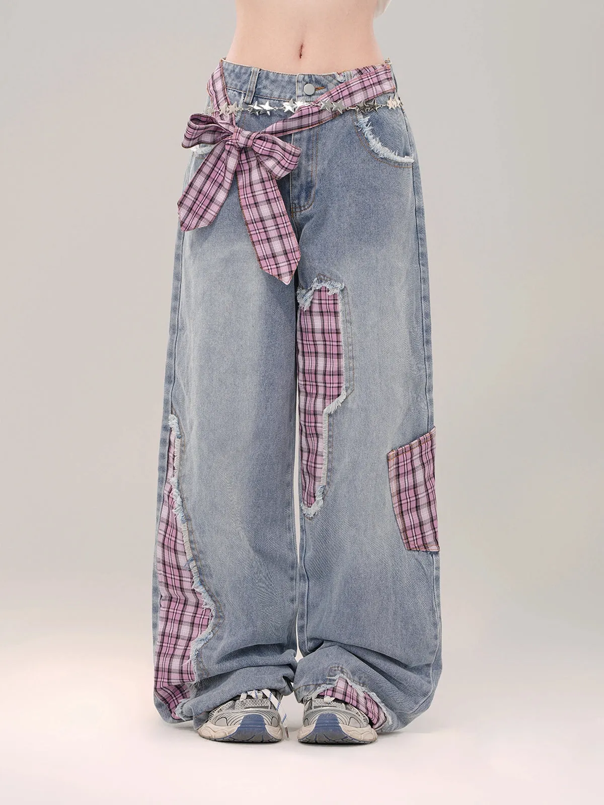 Sweet Cool Girl Style Bow Decoration Wide-Leg Jeans