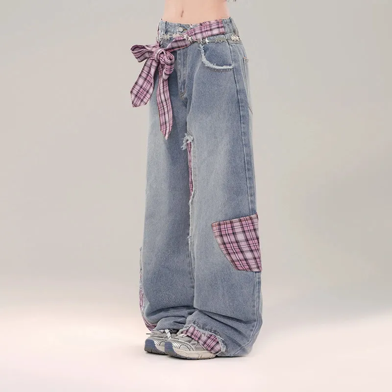 Sweet Cool Girl Style Bow Decoration Wide-Leg Jeans