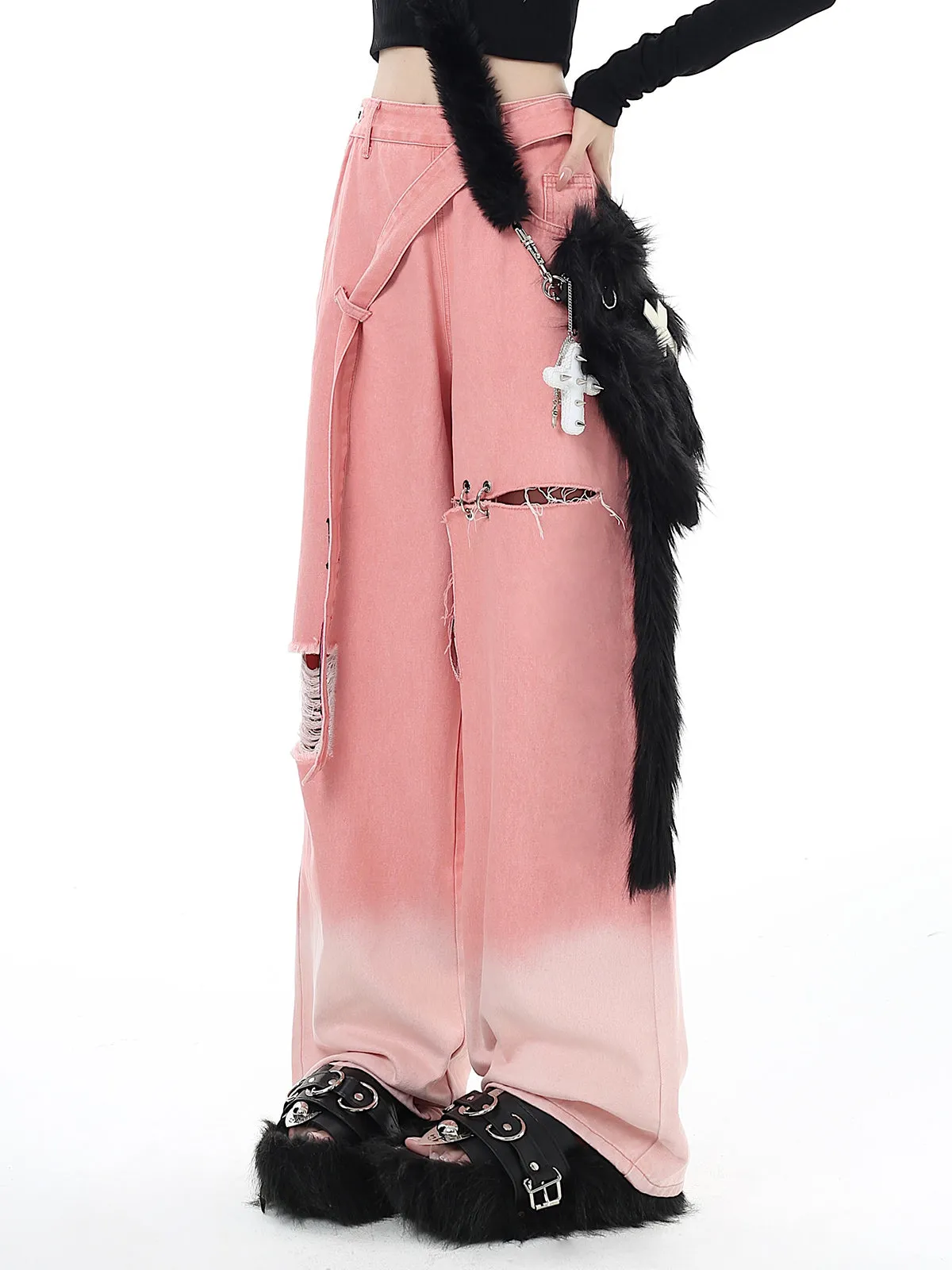 Sweet Cool Style Pink Ripped Wide Leg Jeans