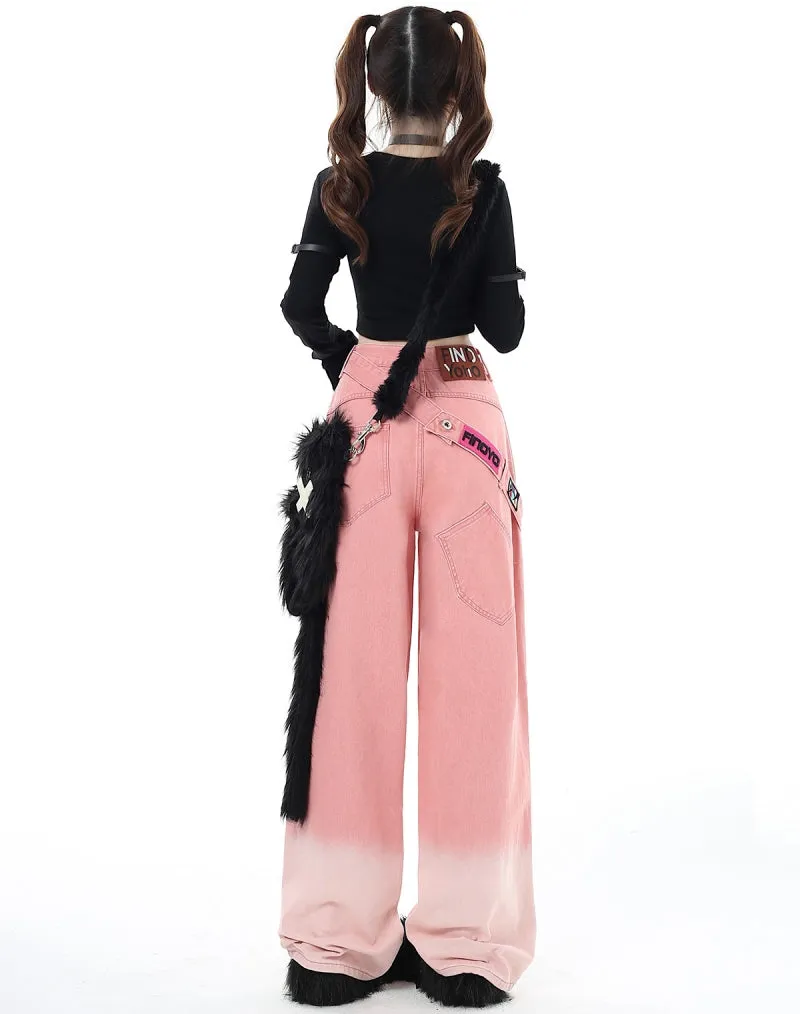 Sweet Cool Style Pink Ripped Wide Leg Jeans