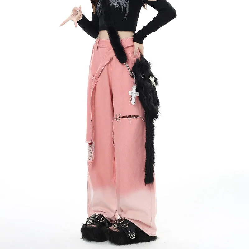 Sweet Cool Style Pink Ripped Wide Leg Jeans