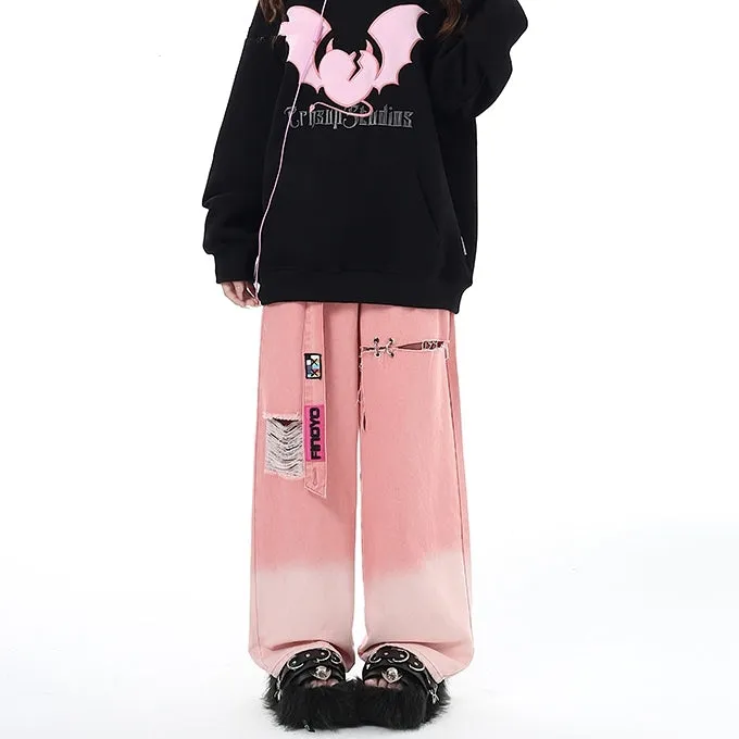 Sweet Cool Style Pink Ripped Wide Leg Jeans