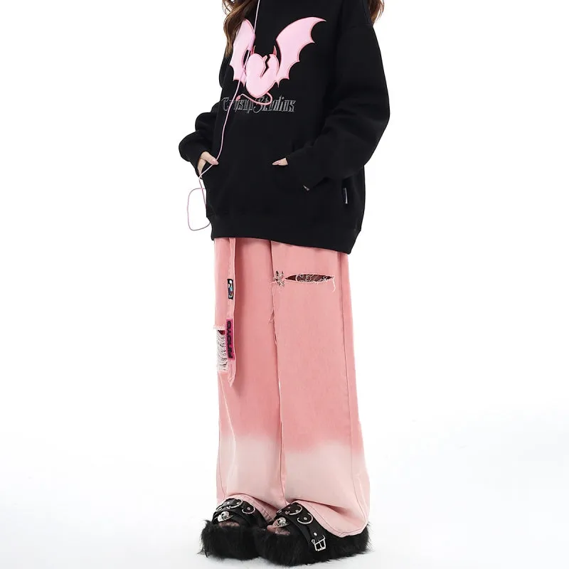 Sweet Cool Style Pink Ripped Wide Leg Jeans