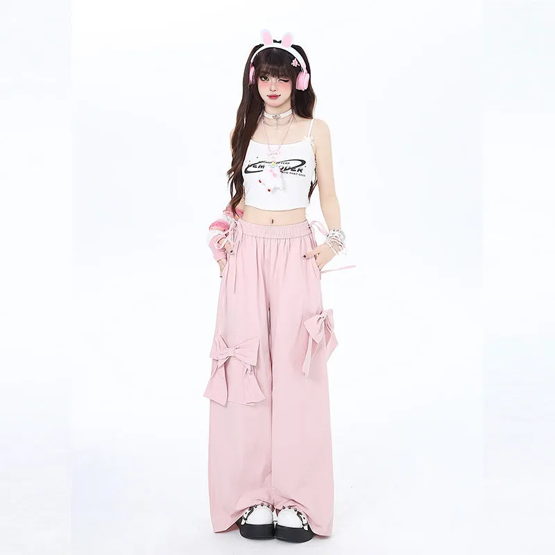 Sweet Dopamine Style Pink Bow Wide Leg Pants