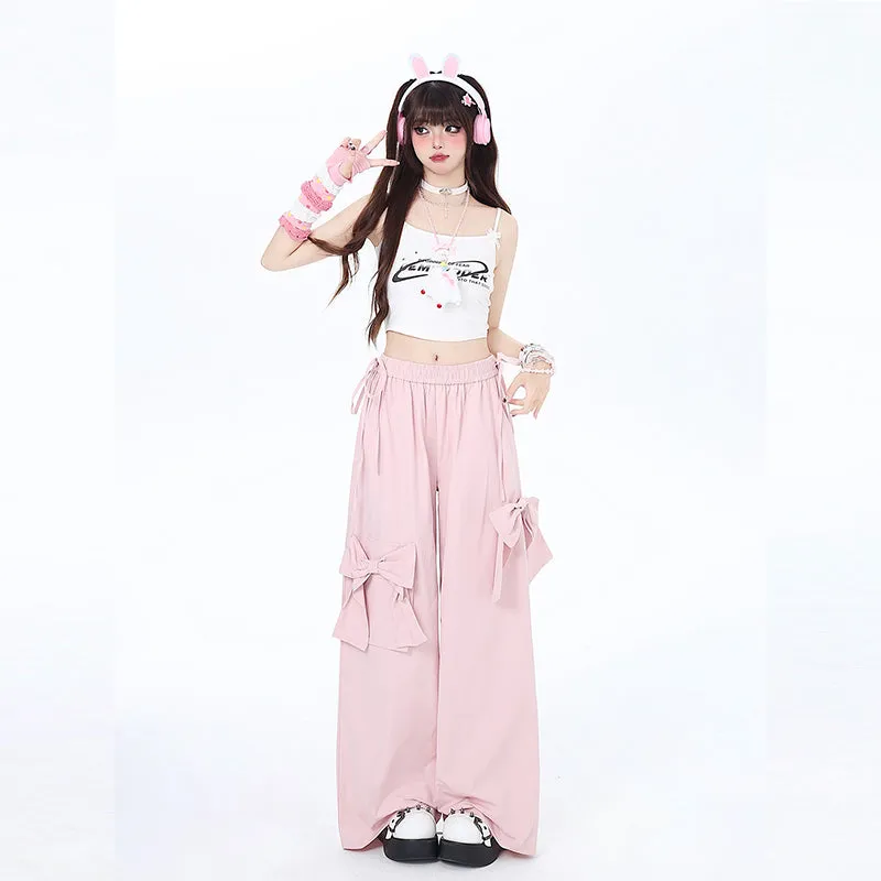 Sweet Dopamine Style Pink Bow Wide Leg Pants