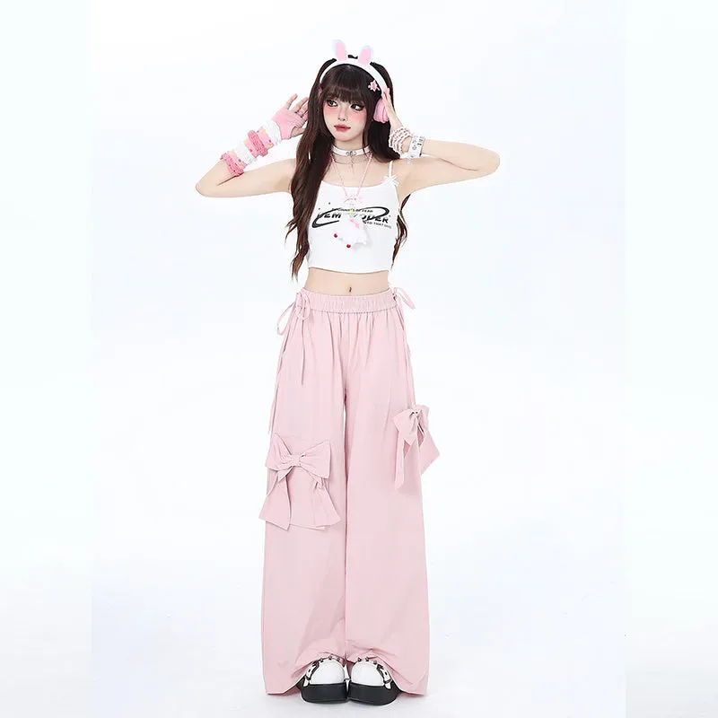 Sweet Dopamine Style Pink Bow Wide Leg Pants