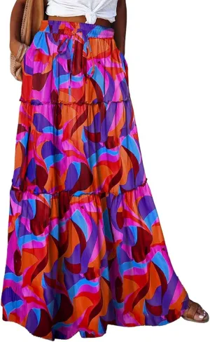 Tiered Pleated Skirts for Women Boho Floral Beach A Line Maxi Skirt Summer Casual High Waist Long Skirts with Pockets
