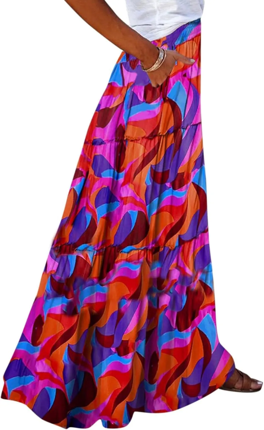 Tiered Pleated Skirts for Women Boho Floral Beach A Line Maxi Skirt Summer Casual High Waist Long Skirts with Pockets