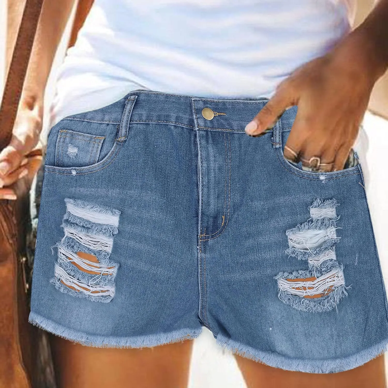 White Denim Shorts for Women Cute Mid Rise Stretch Mom Jean Shorts Solid Frayed Raw Hem Hot Shorts