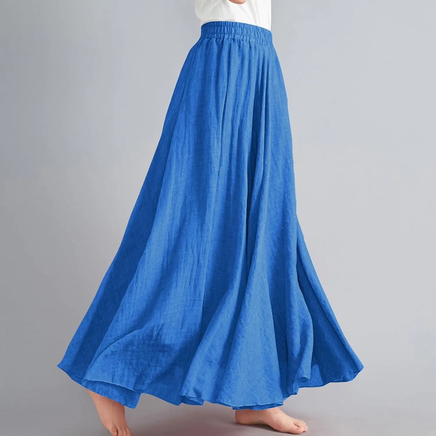 Women Casual Maxi Skirt Flowy Plus Size Elastic Waist High Waisted Swing Hem Swing Solid Color A Line Skirts