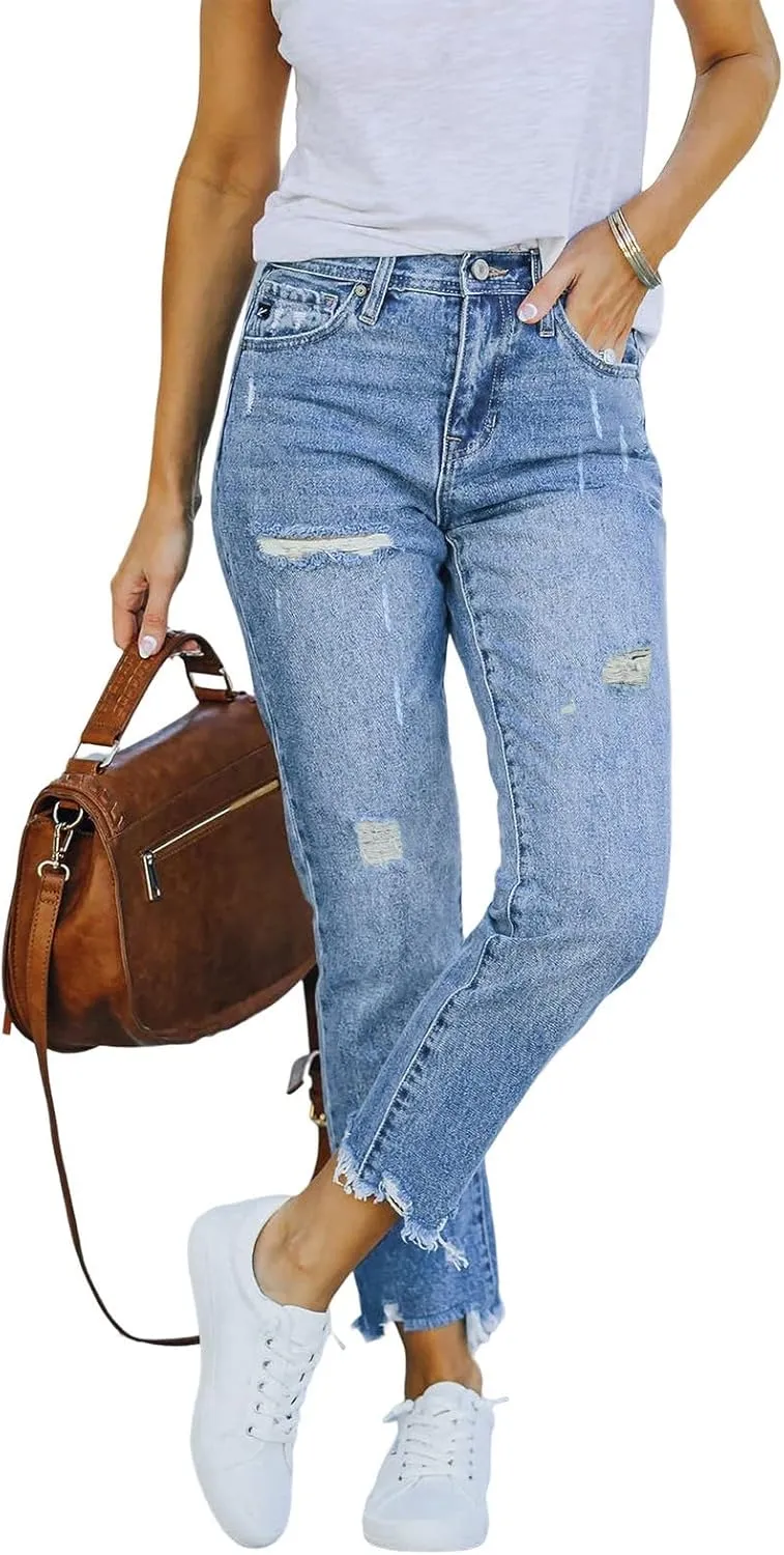 Women Stretchy High Waisted Straight Leg Ripped Jeans Frayed Ankle Denim Pants Bell Bottom Pants for