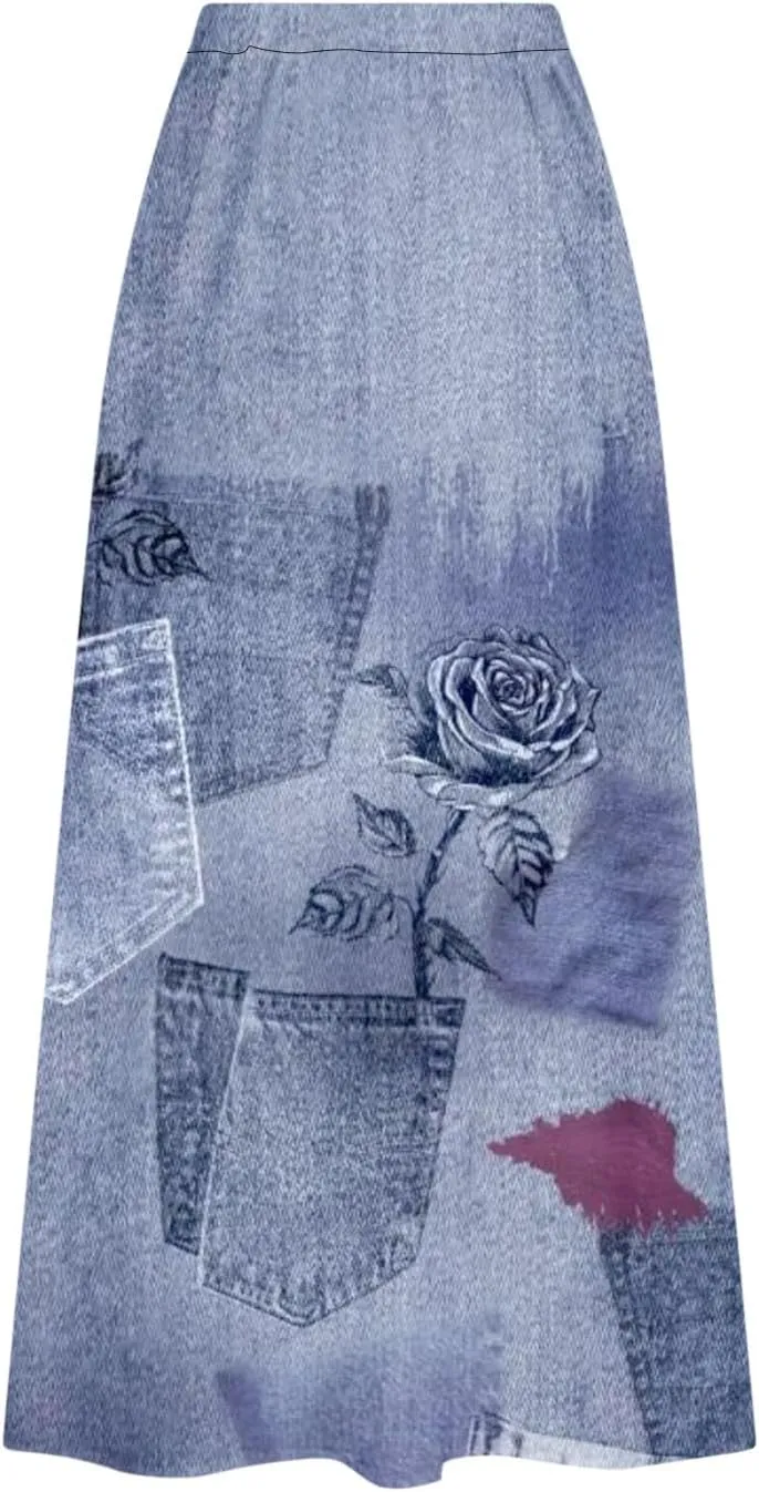Women's 2025 Summer Printed Long Skirts Trendy Loose Fitted Skirt Pretty High Waist A-Line Maxi Skirt for Ladies