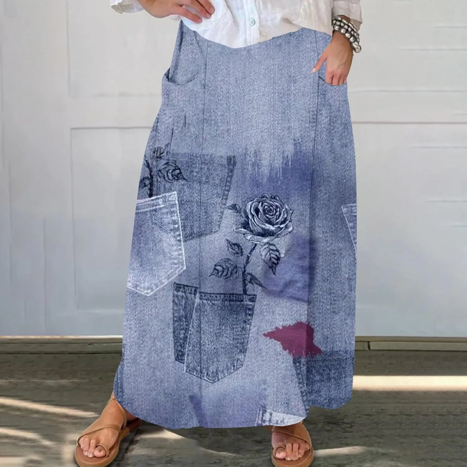 Women's 2025 Summer Printed Long Skirts Trendy Loose Fitted Skirt Pretty High Waist A-Line Maxi Skirt for Ladies