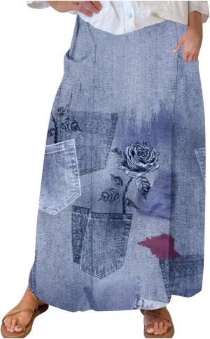 Women's 2025 Summer Printed Long Skirts Trendy Loose Fitted Skirt Pretty High Waist A-Line Maxi Skirt for Ladies