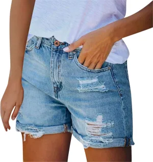 Women's Denim Shorts Trendy High Waisted Stretch Boyfriend Jean Shorts Plain Color Frayed Raw Hem Hot Shorts