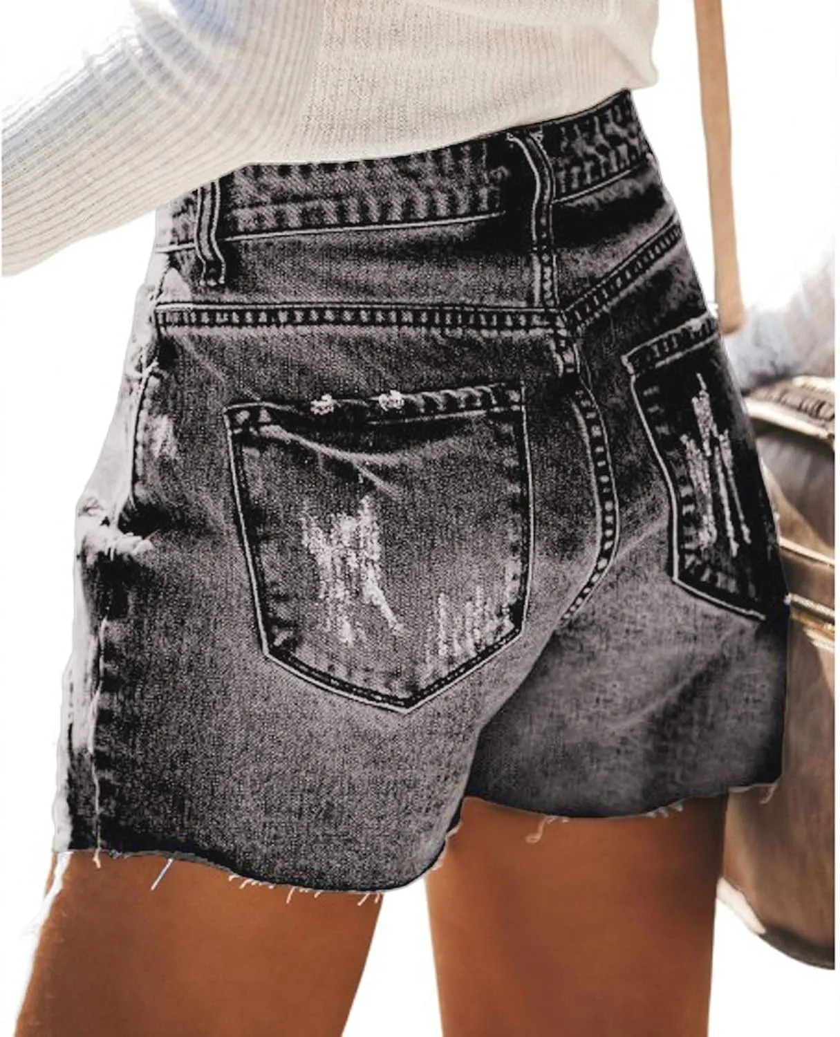 Women's Denim Shorts Trendy High Waisted Stretch Boyfriend Jean Shorts Plain Color Frayed Raw Hem Hot Shorts