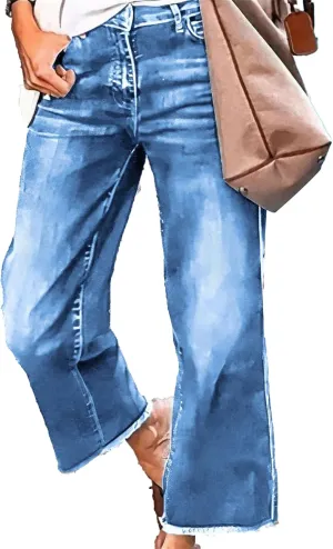 Women's Loose Stretch Jeans Business Mid Rise Wide Leg Casual Pants Fashion Retro Straight Jeans Solid Color