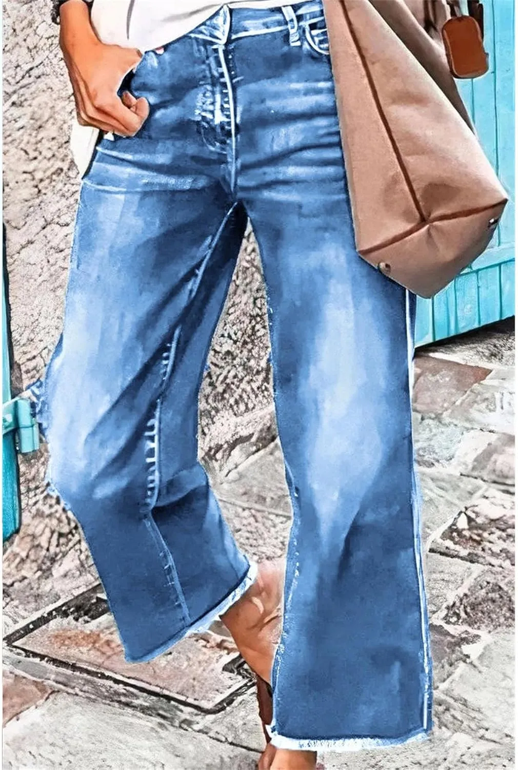 Women's Loose Stretch Jeans Business Mid Rise Wide Leg Casual Pants Fashion Retro Straight Jeans Solid Color