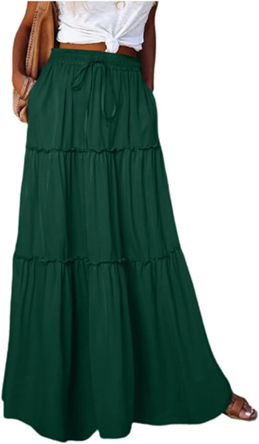 Women's Skirts Casual Summer Elastic High Waisted Flowy A Line Long Skirts Trendy Pleated Plus Size Maxi Skirts with Pockets