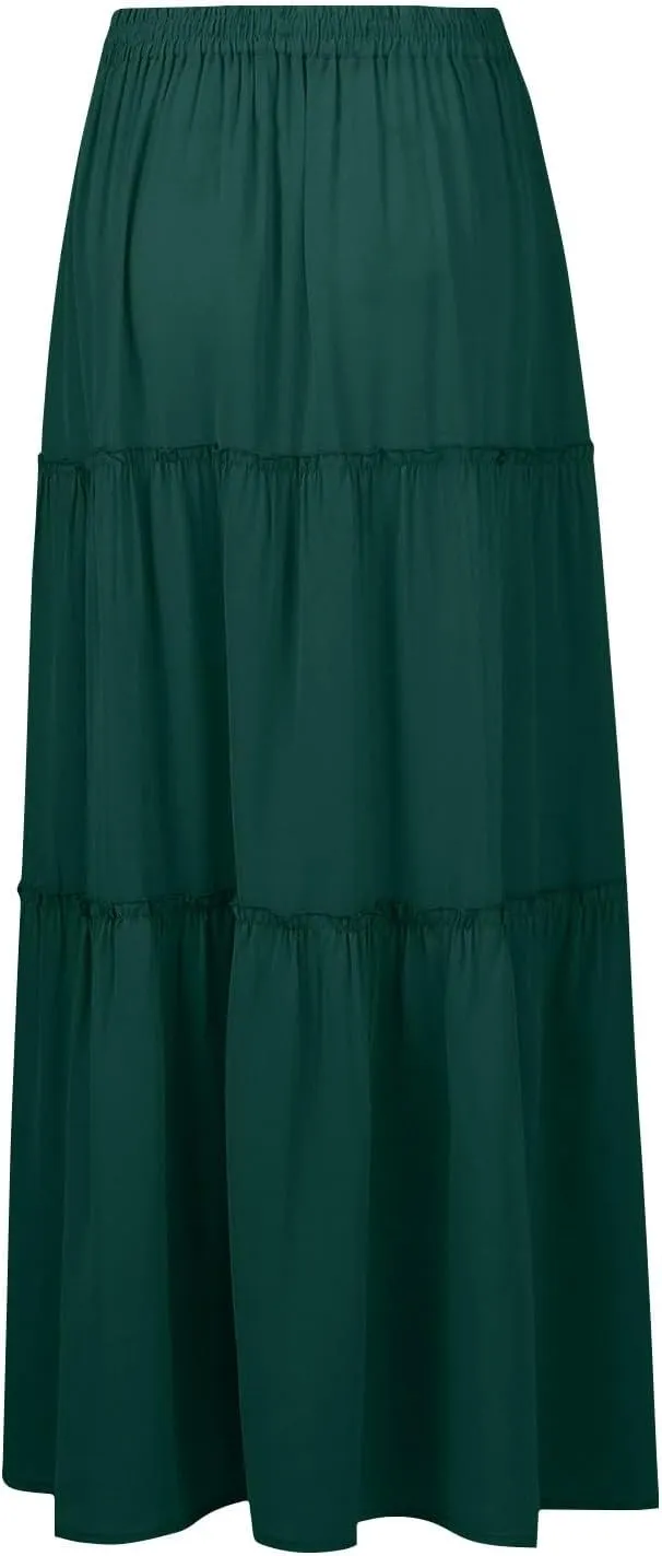 Women's Skirts Casual Summer Elastic High Waisted Flowy A Line Long Skirts Trendy Pleated Plus Size Maxi Skirts with Pockets