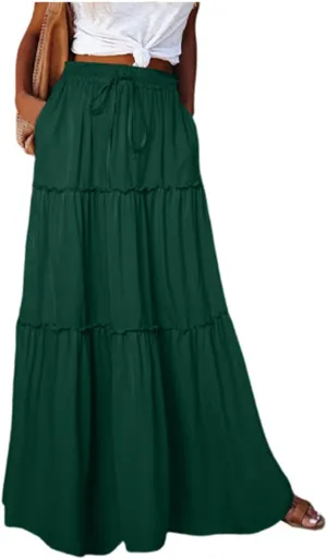 Women's Skirts Casual Summer Elastic High Waisted Flowy A Line Long Skirts Trendy Pleated Plus Size Maxi Skirts with Pockets